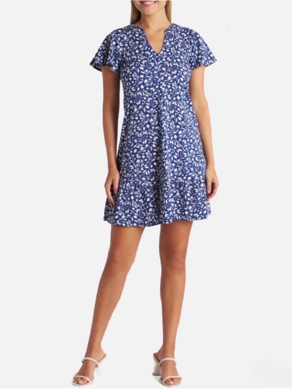 Navy Floral V-Neck Short Flutter-Sleeve Dress